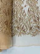 Fire Flame Bead Design - Rose Gold - Embroidered Fire Flame Design Fabric with Beads by Yard