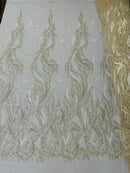 Fire Flame Bead Design - Clear Cream - Embroidered Fire Flame Design Fabric with Beads by Yard