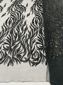 Fire Flame Bead Design - Black - Embroidered Fire Flame Design Fabric with Beads by Yard
