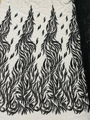 Fire Flame Bead Design - Black - Embroidered Fire Flame Design Fabric with Beads by Yard