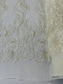 Fire Flame Bead Design - Ivory - Embroidered Fire Flame Design Fabric with Beads by Yard