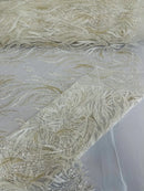Fire Flame Bead Design - Ivory - Embroidered Fire Flame Design Fabric with Beads by Yard