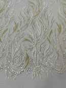 Fire Flame Bead Design - Ivory - Embroidered Fire Flame Design Fabric with Beads by Yard