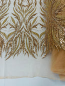 Beaded Elegant Leaf Fabric - Rose Gold - Embroidered Leaf Design Beaded Fabric Sold by Yard