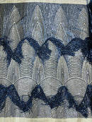 Fringe Sequins Fabric - Navy Blue - 2 Way Stretch Glamorous Fringe Design on Mesh By Yard