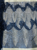 Fringe Sequins Fabric - Navy Blue - 2 Way Stretch Glamorous Fringe Design on Mesh By Yard