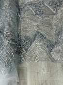 Fringe Sequins Fabric - Silver - 2 Way Stretch Glamorous Fringe Design on Mesh By Yard