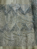 Fringe Sequins Fabric - Silver - 2 Way Stretch Glamorous Fringe Design on Mesh By Yard