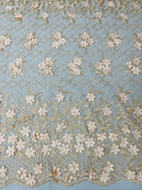 3D Floral Pearl Fabric - Peach - 3D Triangle Flower Design on Mesh By Yard