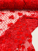 3D Floral Pearl Fabric - Red - 3D Triangle Flower Design on Mesh By Yard