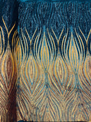 Multi-Color Fabric - Navy/Yellow/Gold - Feather Shape Sequins Fabric Sold By Yard