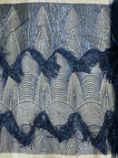 Fringe Sequins Fabric - Navy Blue - 2 Way Stretch Glamorous Fringe Design on Mesh By Yard