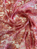 Holographic Sequins Lace - Dusty Rose - Flower Sequins Lace Design w/ Metallic Thread by Yard