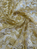 Embroidered Flower Lace - Champagne - Corded Floral Lace With Sequins Sold By Yard