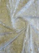 Embroidered Flower Lace - White - Corded Floral Lace With Sequins Sold By Yard