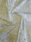 Embroidered Flower Lace - White - Corded Floral Lace With Sequins Sold By Yard