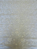 Embroidered Flower Lace - White - Corded Floral Lace With Sequins Sold By Yard
