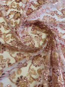 Embroidered Flower Lace - Rose - Corded Floral Lace With Sequins Sold By Yard