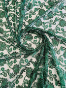Embroidered Flower Lace - Hunter Green - Corded Floral Lace With Sequins Sold By Yard