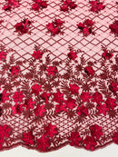 3D Floral Pearl Fabric - Burgundy - 3D Triangle Flower Design on Mesh By Yard