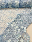 3D Floral Pearl Fabric - Baby Blue - 3D Triangle Flower Design on Mesh By Yard