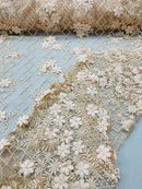 3D Floral Pearl Fabric - Peach - 3D Triangle Flower Design on Mesh By Yard