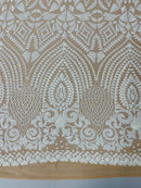 Geometric Pattern Sequins - White on Nude - 4 Way Stretch Colorful Shine Designer Sequins By Yard