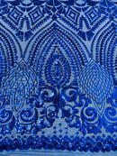 Geometric Pattern Sequins - Royal Blue - 4 Way Stretch Colorful Shine Designer Sequins By Yard