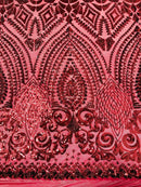 Geometric Pattern Sequins - Burgundy - 4 Way Stretch Colorful Shine Designer Sequins By Yard