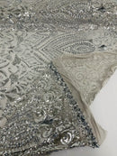 Geometric Pattern Sequins - Silver - 4 Way Stretch Colorful Shine Designer Sequins By Yard