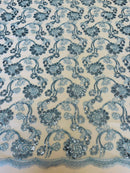 Embroidered Flower Lace - Baby Blue - Corded Floral Lace With Sequins Sold By Yard