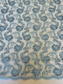 Embroidered Flower Lace - Baby Blue - Corded Floral Lace With Sequins Sold By Yard