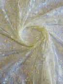 Embroidered Flower Lace - Ivory - Corded Floral Lace With Sequins Sold By Yard
