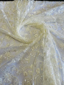 Embroidered Flower Lace - Ivory - Corded Floral Lace With Sequins Sold By Yard