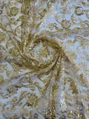 Embroidered Flower Lace - Champagne - Corded Floral Lace With Sequins Sold By Yard
