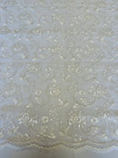 Embroidered Flower Lace - White - Corded Floral Lace With Sequins Sold By Yard