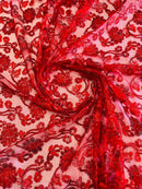 Embroidered Flower Lace - Red - Corded Floral Lace With Sequins Sold By Yard