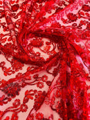 Embroidered Flower Lace - Red - Corded Floral Lace With Sequins Sold By Yard
