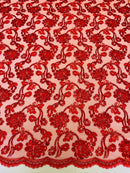 Embroidered Flower Lace - Red - Corded Floral Lace With Sequins Sold By Yard