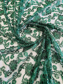 Embroidered Flower Lace - Hunter Green - Corded Floral Lace With Sequins Sold By Yard