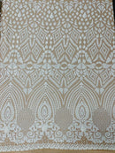 Geometric Pattern Sequins - White on Nude - 4 Way Stretch Colorful Shine Designer Sequins By Yard