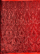 Geometric Fabric - Red - Geometric Sequins Pattern Design 4 Way Stretch Sold By Yard