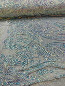 Big Damask Sequins Fabric - Clear - 4 Way Stretch Damask Sequins Design Fabric By Yard