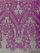 Big Damask Sequins Fabric - Candy Pink - 4 Way Stretch Damask Sequins Design Fabric By Yard