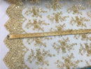 Metatron fabrics Majestic bridal wedding flower mesh super beaded fabric gold. Sold by the yard