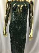 Big Damask Sequins Fabric - Hunter Green - 4 Way Stretch Damask Sequins Design Fabric By Yard