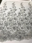 Flower 3D Fabric - Silver - Embroided Fabric Flower Pearls and Leaf Decor Sold by The Yard