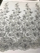 Flower 3D Fabric - Silver - Embroided Fabric Flower Pearls and Leaf Decor Sold by The Yard