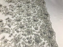 Flower 3D Fabric - Silver - Embroided Fabric Flower Pearls and Leaf Decor Sold by The Yard