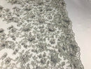 Flower 3D Fabric - Silver - Embroided Fabric Flower Pearls and Leaf Decor Sold by The Yard
